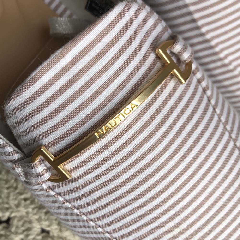 Nautica Tan & White Striped Slip-On Mules with Gold Accent - Picture 2 of 12